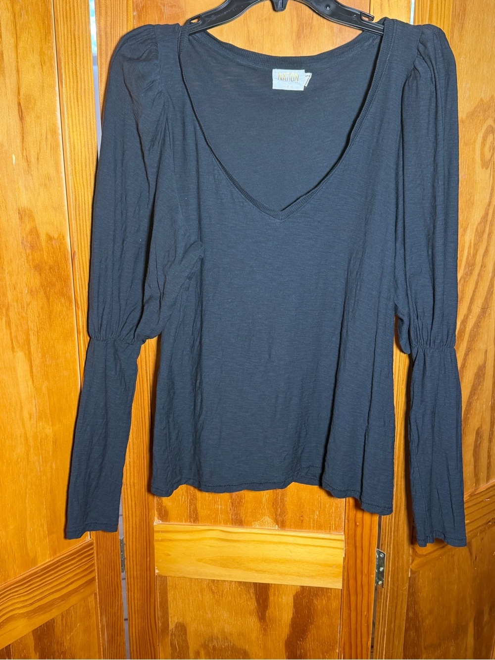 Nation LTD Black V-Neck Long, Puff-Sleeve Tee|XL|Pima Cotton, Boho,Coquette
